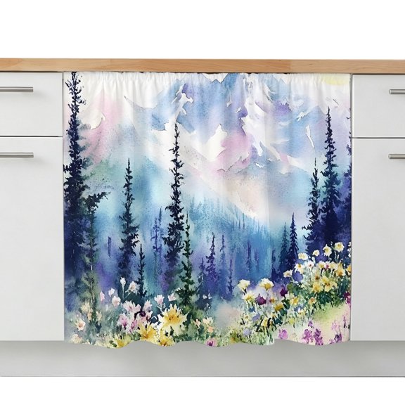 Forest Mountains Sink Skirt 10"W x 11"L, Dustproof Under Sink Curtain Skirt for Bathroom Kitchen, Oil Painting Flower Pine Trees Adhesive Short Vanity Curtains Cover for Laundry Room Closet Shoe Rack
