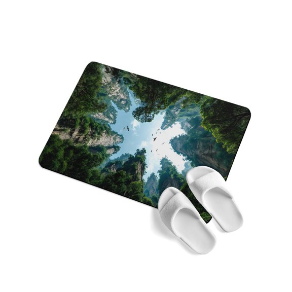 Forest Mountains Soft Diatomaceous Earth Mat, Natural Landscape Trees Shrubs Clouds Sky Absorbent Bath Mat Non Slip Rubber Backed Quick Dry Doormat Fit Under Door for Bathroom Kitchen 24"x36"