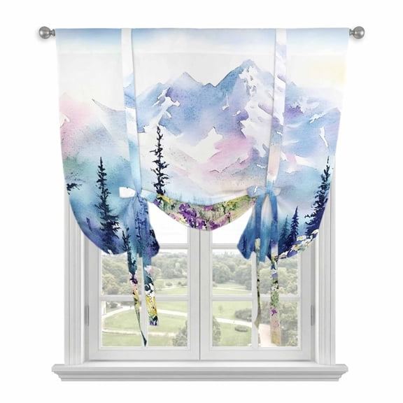 Forest Mountains Tie Up Curtains for Windows, Adjustable Rod Pocket Valance Shade, Oil Painting Flower Pine Trees Light Filtering Window Treatment for Kitchen Bedroom Living Room 34"x 45"