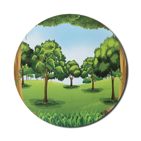 Forest Mouse Pad for Computers, Clear Day in the Woods Theme Cartoon Drawing Style Idyllic Summer, Round Non-Slip Thick Rubber Modern Gaming Mousepad, 8" Round, Green Pale Blue Caramel, by Ambesonne