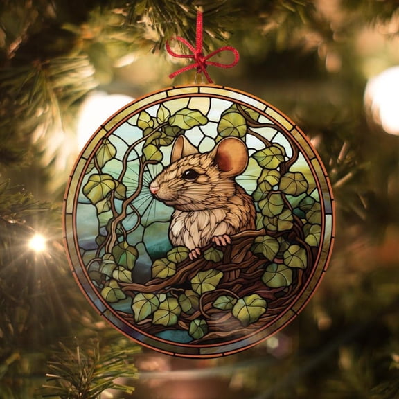 Forest Mouse Stained Glass Style Christmas 2D FLAT CIRCLE Ceramic Ornament