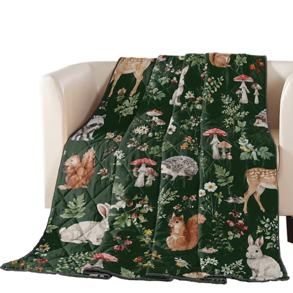 Forest Mushroom Floral Quilted Comforters Cooling Blanket King Size, Cottagecore Deer Rabbit Fox Green Cold Comfort for Hot Sleepers Lightweight Air Conditioning Quilt Blanket for Bed