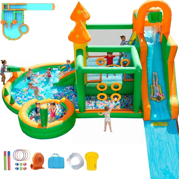 Inflatable Bounce House Water Slide Park, 10 in 1 Play Areas with Extended Water Slide, Ball Shooting, Ring Toss, Deep Pool, Water Bucket, for Kids 3-10, Indoor Outdoor Backyard