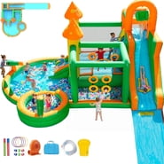 Giant 10 in 1 Inflatable Water Slide with Extended Water Slide, 342"x103"x193" Bounce House with 650 Blower, Ball Shooting, Ring Toss, Deep Pool, Water Bucket, for Kids 3-10