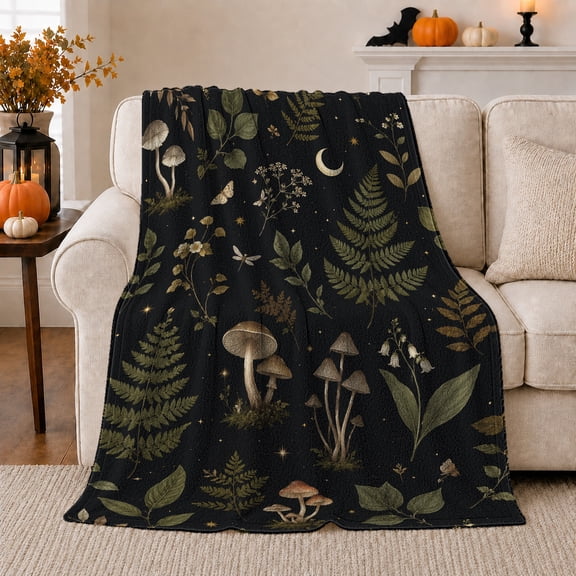 Forest Mushroom Moon Botanical, Festive Holiday Scene, Warm Flannel Blanket for Cabin and Lodge with Detailed Artwork, Art Lovers Christmas Gift, Festive Home Decor