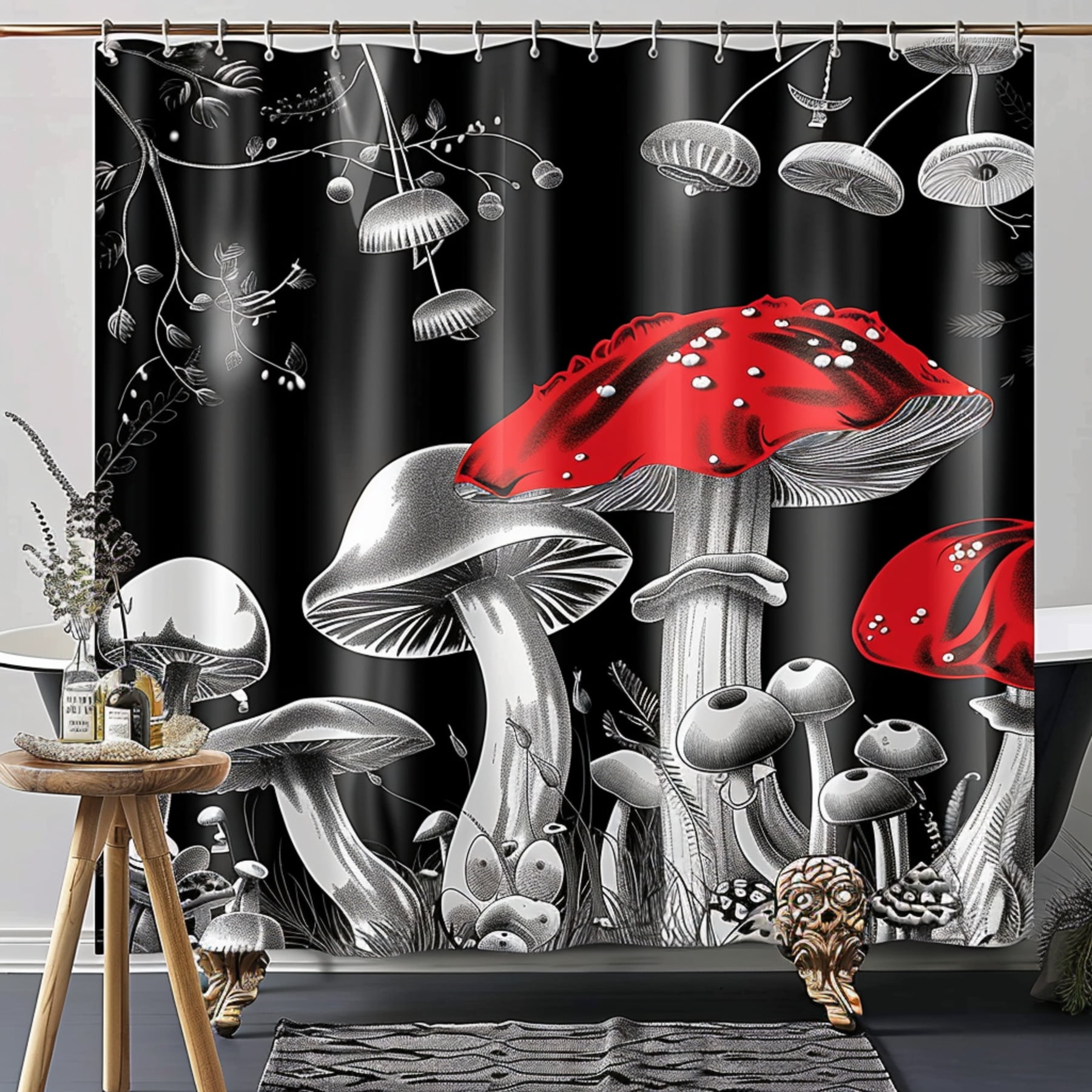 Forest Mushroom Shower Curtain Black White Red Fungi Bathroom Decor