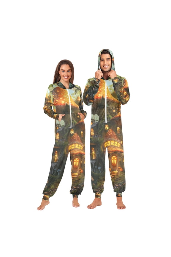 Forest Mushrooms House Adult Onesie Pajamas Slim Fit Christmas One Piece Suit Pjs for Women and Men Hooded Zipper