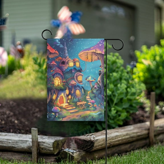 Forest Mushrooms Houses Garden Flag Double Sided Outdoor Banners for Courtyard Outdoor Lawn Farmhouse Holiday Decorations