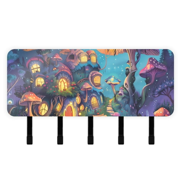 Forest Mushrooms Houses Mail Holder Organizer Wall Mount with Shelf Key Holder Key Rack with 5 Key Hooks for Wall Decorative