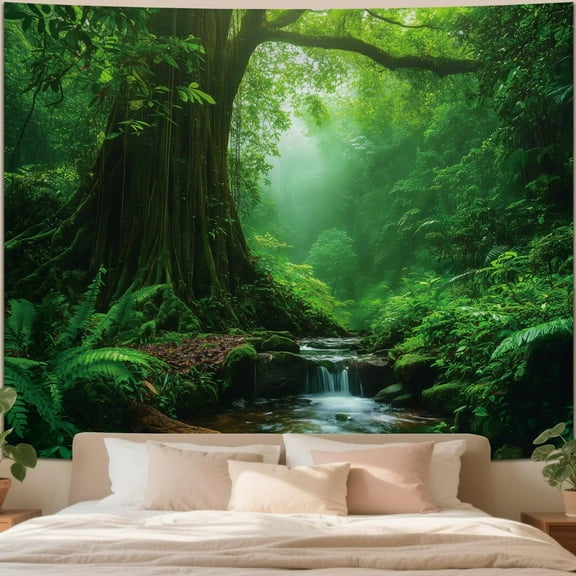 Forest Nature Green Tapestry for Bedroom Decor, Misty Landscape Large Tree Tapestries Wall Mural Hanging, Fantasy Scenic Big Tree Rivers Backdrop