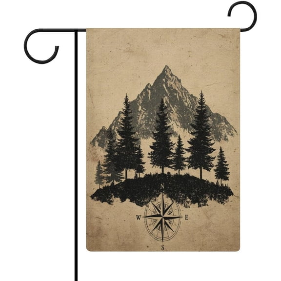 Forest Nature Landscape Double Sided Garden Flag Burlap 12 x 18 Inch Mountains Compass Design Farmhouse Spring Summer Yard Outdoor Decor