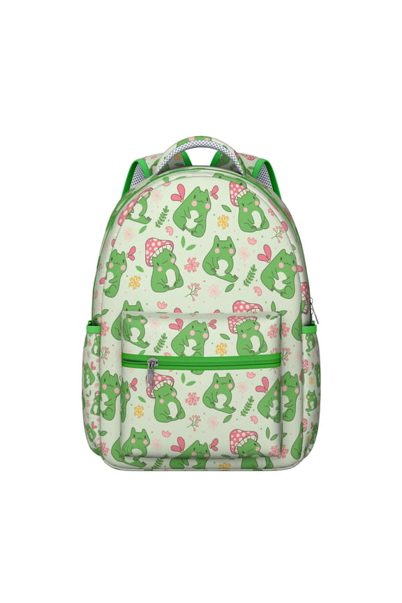 Forest Nature Student Backpack with Plant and Frog Pattern Wear-Resistant Waterproof School Bag, Adjustable Straps, Breathable Padding, Ideal for Travel, Camping, and Daily Commuting