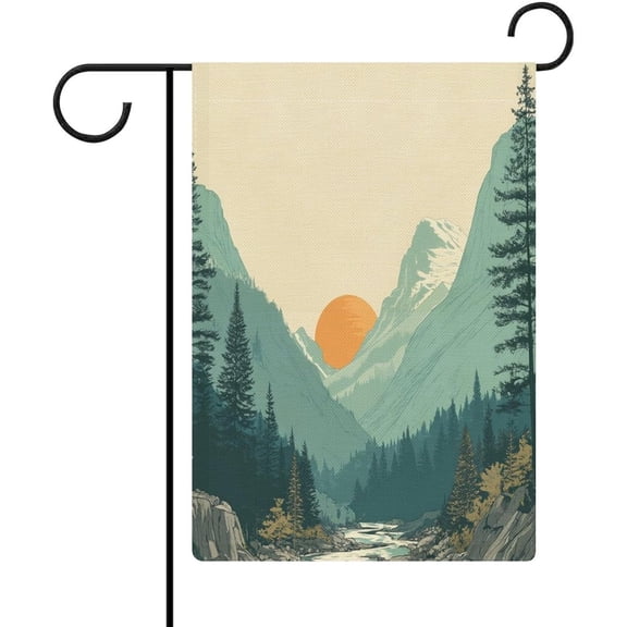 Forest Nature Sunset Welcome Garden Flag, Double Sided Burlap, 12 x 18 Inch, Spring and Summer Landscape Yard Outdoor Decoration