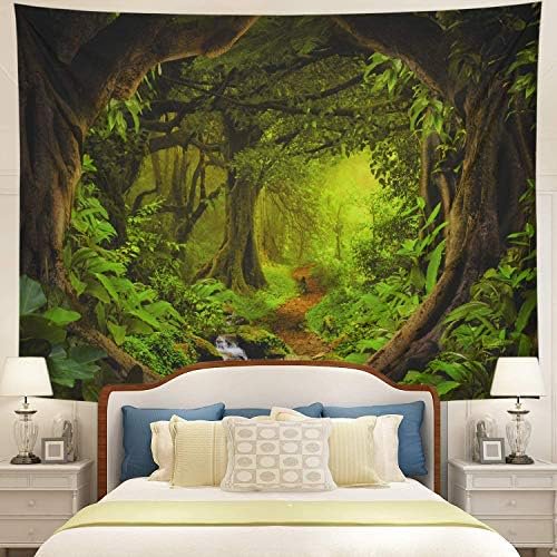 Forest Nature Tree Cave Wall Hanging - Misty Forest Stream Through Rainforest Landscape Jungle Creek Psychedelic Tapestry for Living Room