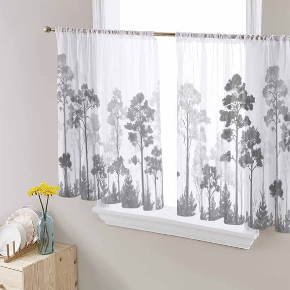 Forest Nature Tree Sheer Curtains 45 Inch Length 2 Panels Set for Living Room/Bedroom, Wild Plant Botanical Grey White Semi Curtain Sheers Drapes Rod Pocket Curtains Window Treatment Set 52''x45''x2