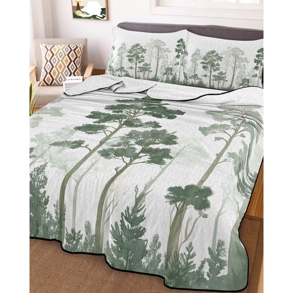 Forest Nature Tree Twin Size Down Alternative Comforter, Lightweight Comforter Quilt Bedding Set with Pillow Shams Wild Plant Botanical Green White All Seasons Bed Comforter Duvet Insert 68"x86"