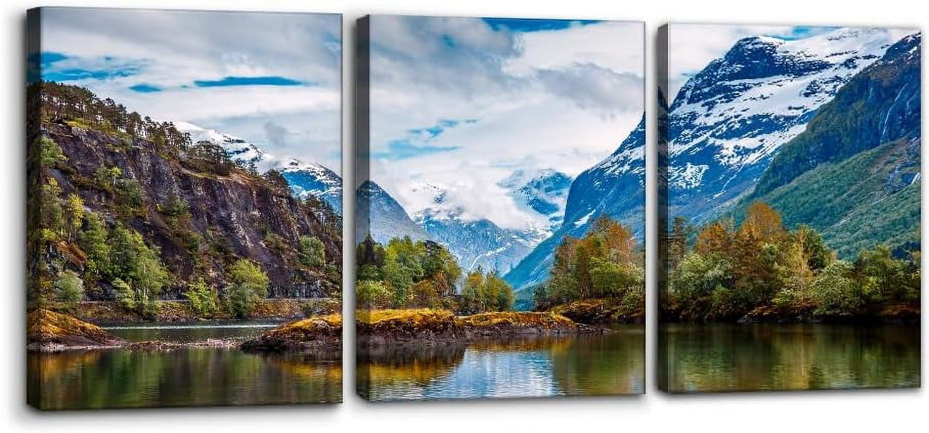 Forest Nature Wall Art Norway Mountain Lake Painting On Canvas Wall  Decorations for Living Room Stretched and Framed Canvas Paintings 3 Piece  Bedroom Wall Decor Office Home Decor - 12\, image size:1816x846