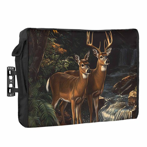 Forest Nature Waterproof Outdoor TV Cover, Scenery Animal Deer River Plant Outside Weatherproof TV Enclosures for 30 to 32 Inch LCD Television Shield Flat Screen Protectors