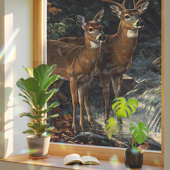 Forest Nature Window Privacy Film, Scenery Deer River Plant Stained Glass Rainbow Film Decorative Window Clings, Static Cling Sun Blocking Stickers 17.7" x 39.3"