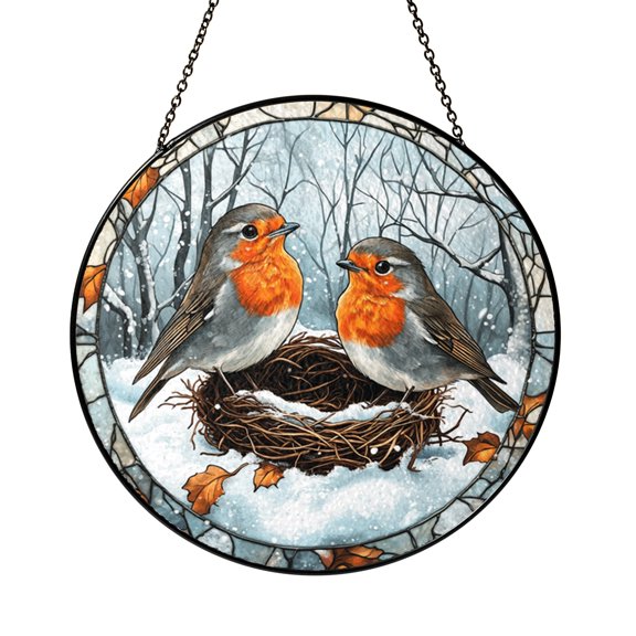 Forest Nest With Two Robins Stained Glass Style Window Hanging Suncatcher, Nature Bird Decor Gift for Cozy Home