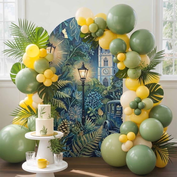 Forest Night Arch Backdrop Cover, 4FT, Country Church Car Streetlight Pine Tree Leaf Landscape Spandex Arch Covers Double-Sided Backdrop for Wedding Birthday Party Photo Background Decoration