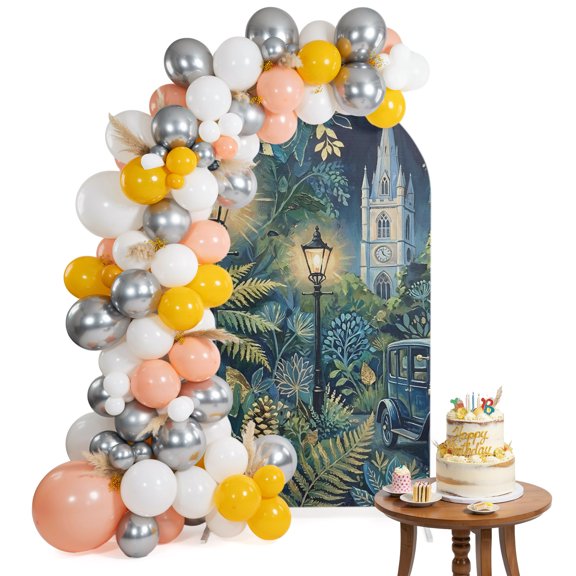 Forest Night Arch Backdrop Cover 4FT Country Church Car Streetlight Pine Tree Leaf Landscape Spandex Fitted Arch Covers Stretchy Backdrop Decoration for Wedding Birthday Graduation Party