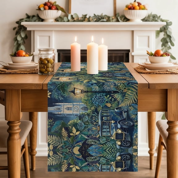 Forest Night Dining Table Runner, Country Church Car Streetlight Pine Tree Leaf Landscape Washable Table Runners Kitchen Coffee Table Center Decor for Home Party Holiday Wedding 13 x 36 Inches