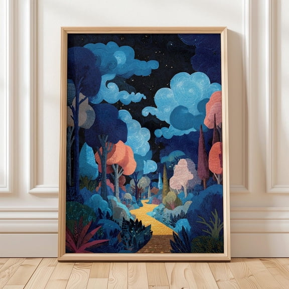 Forest Night Path Magical Tree Starry Sky Porch Decoration Unframed Paper Print