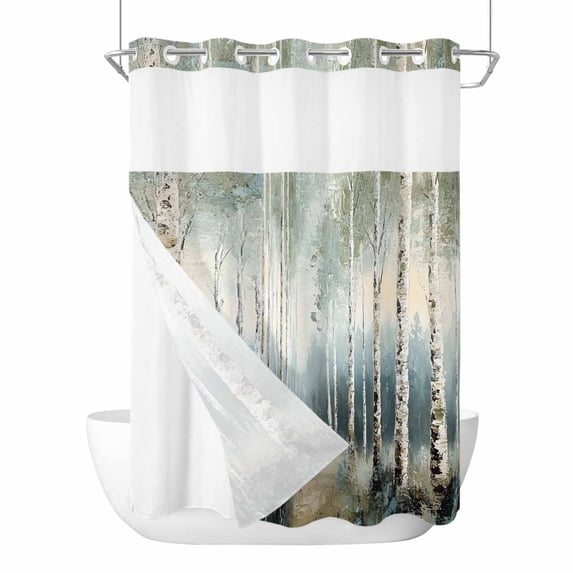 Forest No Hooks Shower Curtain with Snap-in Liner Scenery Shower Curtains for Bathroom, Waterproof, Easy Install, Washable 72"x96"