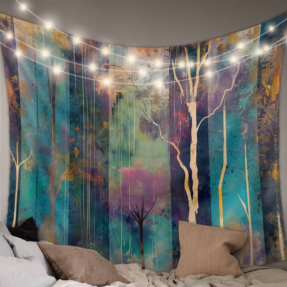Forest Oil Painting Large Tapestry for Bedroom Wall Hanging Tapestry, Modern Geometric Abstract Art Ceiling Backdrop Tapestries Poster Blanket Wall Decor for Teens Room Living Room Dorm 85" x 90"