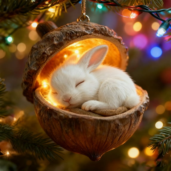Forest Ornaments, Forest Christmas Ornaments Cute Sleeping Bunny in Acorn with LED Lights Woodland Animal Figurine Holiday Decoration for Home, Desk, Nursery & Christmas Gift