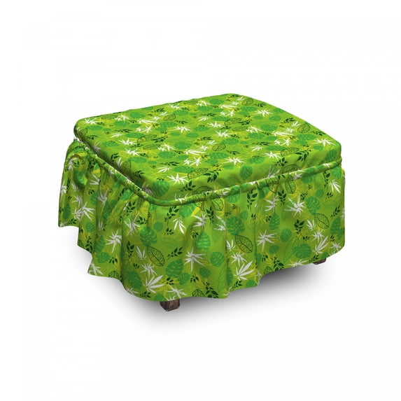 Forest Ottoman Cover, Jungle Scene Monstera Leaves, 2 Piece Slipcover Set with Ruffle Skirt for Square Round Cube Footstool Decorative Home Accent, Standard Size, Lime Green Evergreen, by Ambesonne