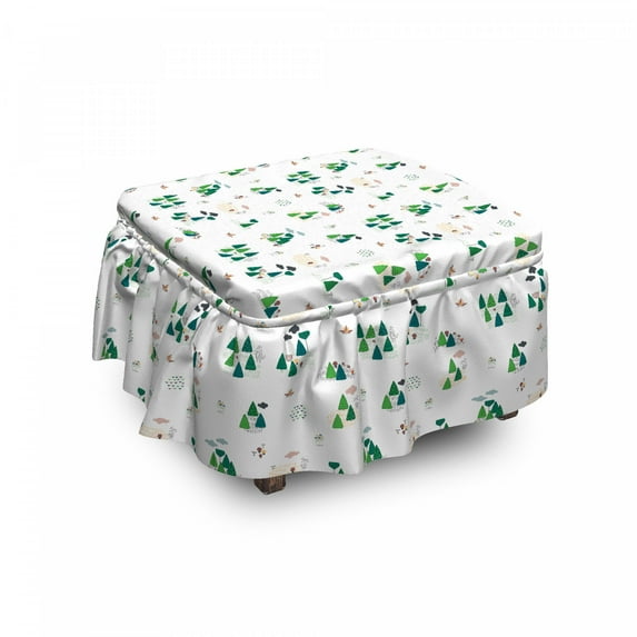 Forest Ottoman Cover, Scandinavian Trees Leaves, 2 Piece Slipcover Set with Ruffle Skirt for Square Round Cube Footstool Decorative Home Accent, Standard Size, Green and Multicolor, by Ambesonne