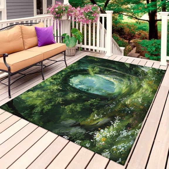Forest Outdoor Rug 6x9 Ft, Non Slip Washable Area Rug, Nature Green Tree Spring Scenic Woodland Patio Rugs Carpet Runner, Large Floor Mat for Indoor/Outdoor Deck Porch Camping