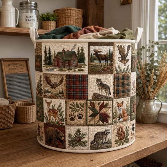 Forest Patch Quilted Laundry Basket: Rustic Cabin Wildlife Clothes Hamper, Forest Theme Gift