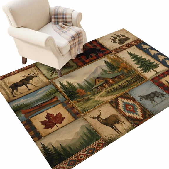 Forest Patchwork 3'x5' Area Rugs Vintage Deer Wolf Cabin Pine Plaid Rustic Washable Area Rugs Non-Slip Indoor Floor Mats for Entrance‑Living Space, Sofa Zone, Bed‑Foot Area, Balcony