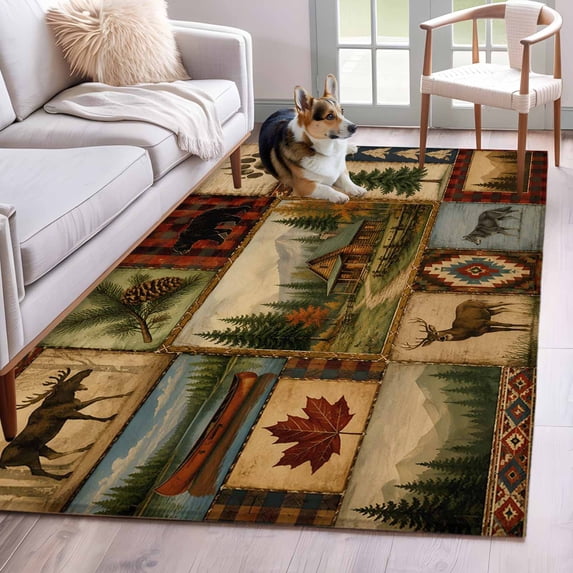 Rustic Wool Rugs Forest Patchwork Area Rugs 3x5ft Vintage Deer Wolf Cabin Pine Plaid ...