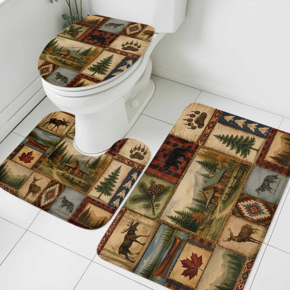 Forest Patchwork Bathroom Rugs Sets 3 Piece, Vintage Deer Wolf Cabin Pine Plaid Rustic Absorbent Non-Slip Rug, Toilet Lid Cover and Bath Floor Carpet Accessories Large Size