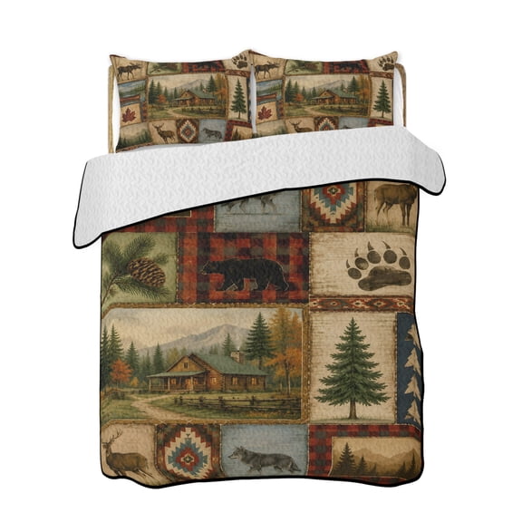 Forest Patchwork Quilts Bedding Set King Size Vintage Deer Wolf Cabin Pine Plaid Rustic Lightweight Quilted Bedspread 3 Piece Bed Quilt with 2 Pillow Shams All Season for Bedroom 90" x 96"