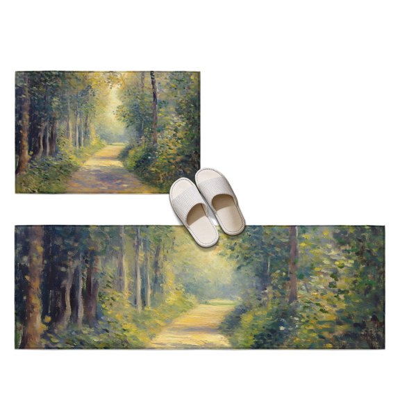 Forest Path 2 Pieces Non-Slip Kitchen Mat Set, Rustic Forest Dappled Sunlight Green Nature Woodland Soft Door Mat with Rubber Backing, Dirtproof Rugs for Entrance Doorway, 23.6x35.4in+23.6x70.9in