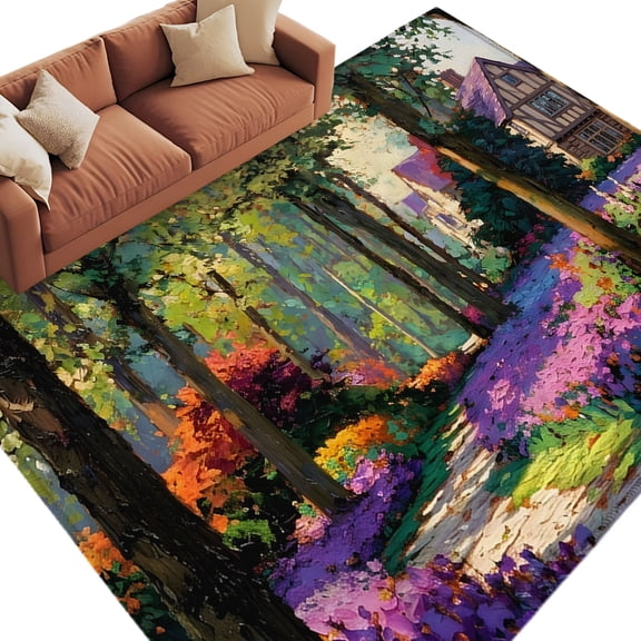 Forest Path Area Rug 8x10 Washable Rug Non Slip Farmhouse Nature Purple Flower House Tree Large Area Rug Soft Stainresistant Indoor Floor Carpet for Living Room Bedroom Office Dining Room Nursery