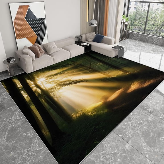 Forest Path Area Rugs, Sunshine Forest Path Carpet, Washable Non Slip Low Pile Soft Rug for Living Room Bedroom Entryway Decor Mat 5x8ft
