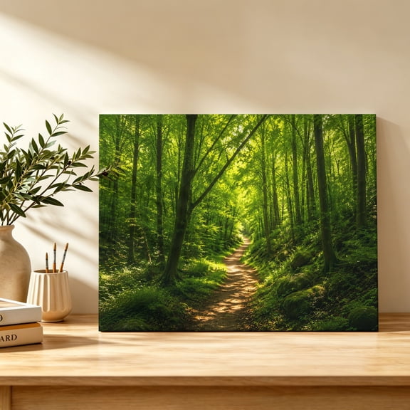 Forest Path Canvas Wall Art, Summer Green Foliage Ancient Trees Wall Art Prints Artwork Framed Canvas Ready to Hang Art Pictures for Bathroom Bedroom Entry Desk Corner 10" x 8"