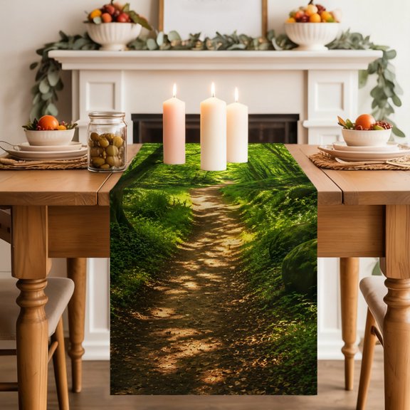 Forest Path Dining Table Runner, Summer Green Foliage Ancient Trees Washable Table Runners Kitchen Coffee Table Center Decor for Home Party Holiday Wedding 13 x 72 Inches