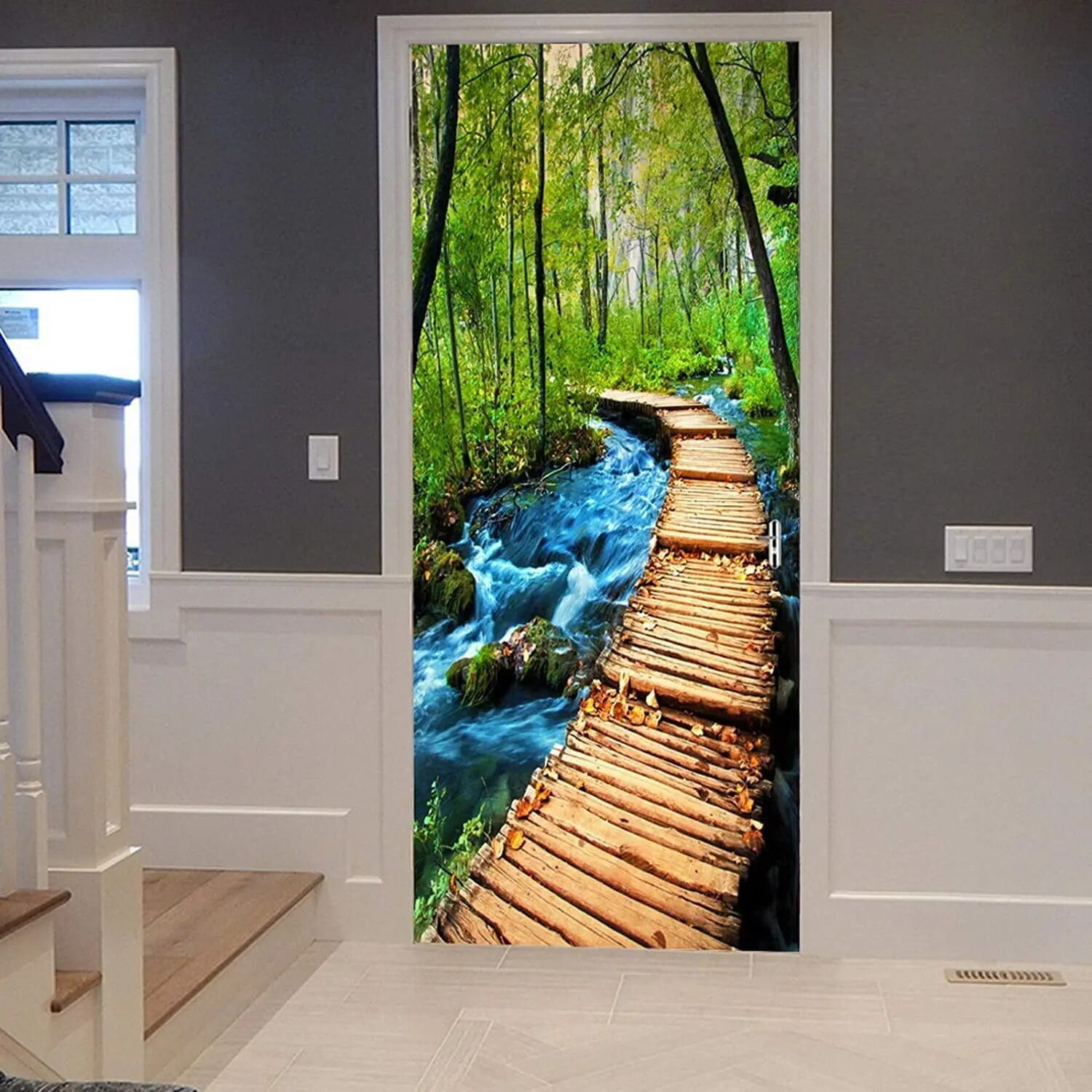 Forest Path Door Sticker Red Maple Leaf Forest Decal Removable Natural