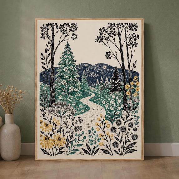Evergreen Essentials Forest Path Evergreen Trail Blue Mountain Yellow Daisy Meadow Poster ...