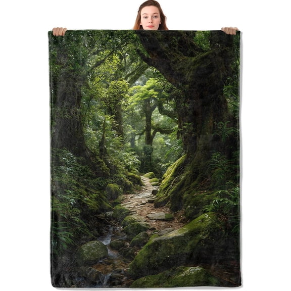 Forest Path Flannel Blanket 50"x60" Moss Stone Tree and Stream Landscape Lightweight Throw Blankets Birthday for Nature Lovers Office Bedroom Sofa Travel Home Decorate