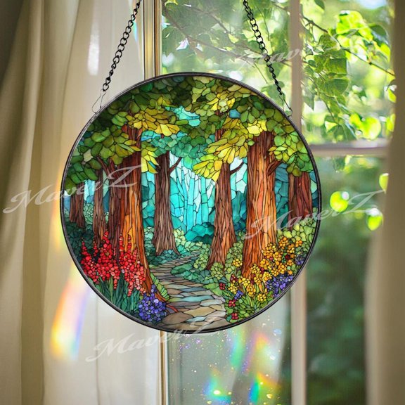Forest Path Glass Suncatcher, Woodland Nature Scene Window Decor, 3.5 in