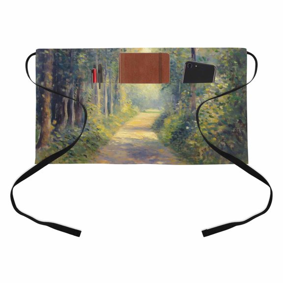 Forest Path Kitchen Restaurant Half Waist Apron, Rustic Forest Dappled Sunlight Green Nature Woodland Server Short Apron with 3 Pockets Waterproof Oil Waist Aprons for Women Waitress Waiter