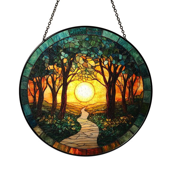 Forest Path Landscape Stained Glass Style Suncatcher, Fantasy Woodland Trail Decorative Window Hanging Art Panel, Nature Inspired Rustic Home Decor Accent